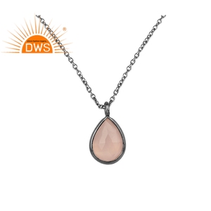Collier en argent sterling 925 pour femme, pendentif en calcédoine rose, plaqué rhodium noir, bijoux de fiançailles - Product Image 1