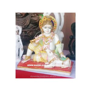 Krishna — figurine religieuse en marbre blanc du Vietnam, statue religieuse, siège religieux, peint à la main, avec vache, Sculpture décorative - Product Image 1