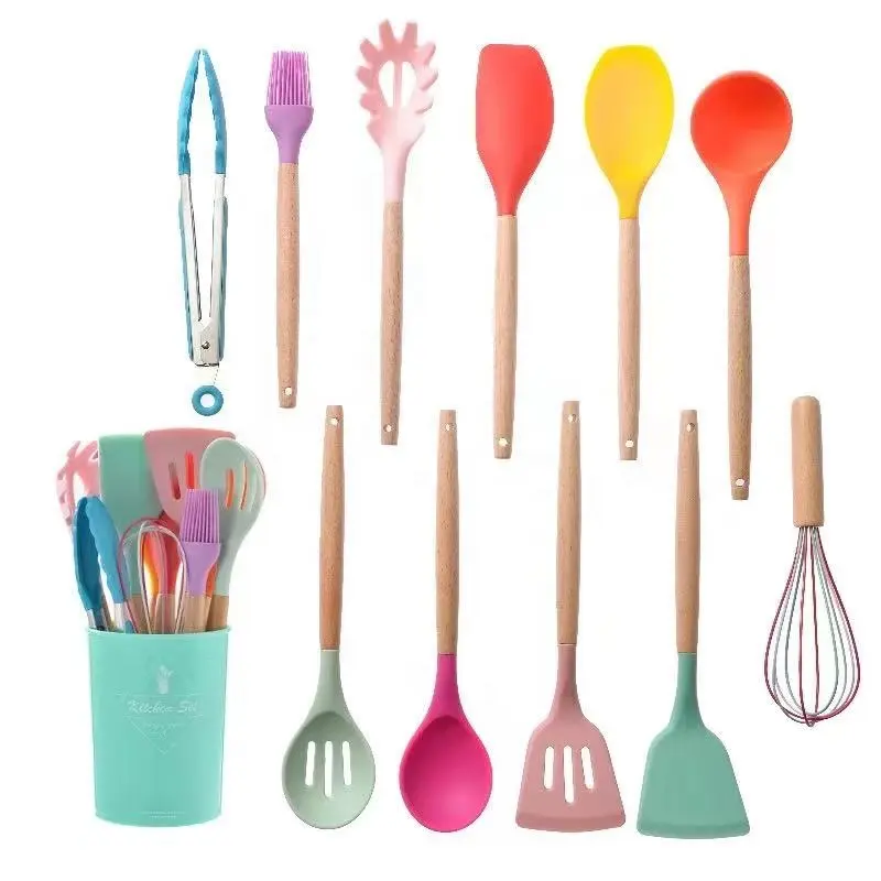 11 Cái Trong 1 Bộ Silicone Phụ Kiện Nhà Bếp Cụ Nấu Ăn Đồ Dùng Nhà Bếp Cocina Silicone Đồ Dùng Nhà Bếp Với Tay Cầm Bằng Gỗ