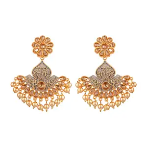 India Anting Berlapis Emas Kristal Chandbali Set Anting-Anting Menjuntai Menjuntai Enamel India Produsen Perhiasan, Abu-abu