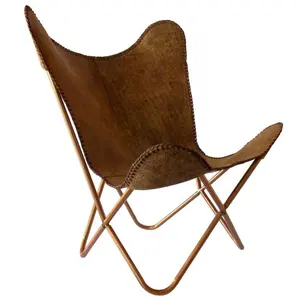 BROWN AGE LEATHER BUTTERFLY CHAIR , GENUINE LEATHER BUTTERFLY CHAIR WITH COPPER BASE FOLDING