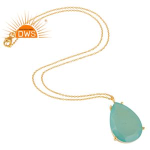 Chunky Aqua Chalcedony Pendant Designer Silver 925 14k Yellow <b>Gold</b> Plated <b>Long</b> <b>Chain</b> Necklace Supplier Jewelry - Product Image 3