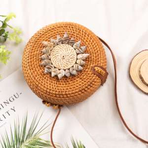 Sac en rotin rond tissé à la main,, avec coquillages de mer - Product Image 2