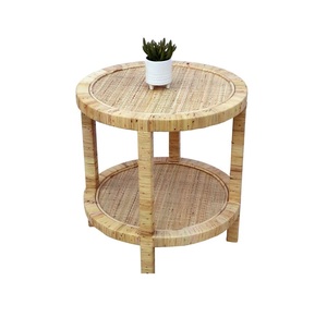 Mesa auxiliar de madera de ratán plegable, redonda y extensible, hecha a mano, de mediados de siglo, antigua - Product Image 1