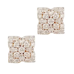 14 18k Solid Yellow Gold Natural Pave & Baguette Cut Diamond Square Shape Stud Earrings Fine Jewelry By Gemco International