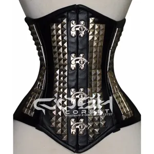 COSH corsetto sottoseno corsetto in pelle nera disossato con borchie e chiusura a battente fornitori di corsetto Steampunk e gotico personalizzati