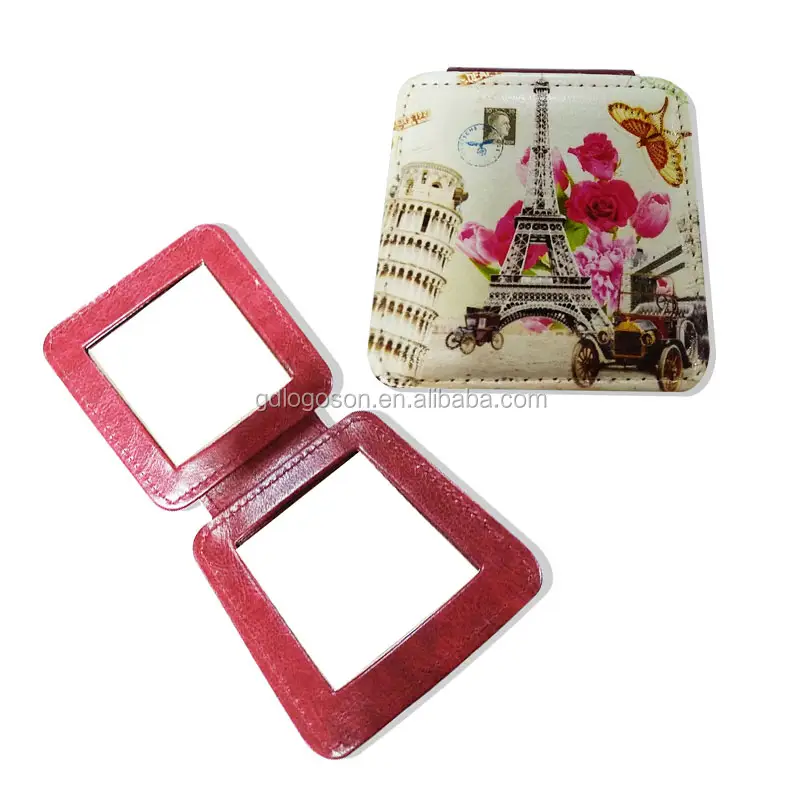 Paris Gifts Custom Printing Logos Leather Pocket Folding Compact Mirrors Red Leather Frame Makeup Mirror