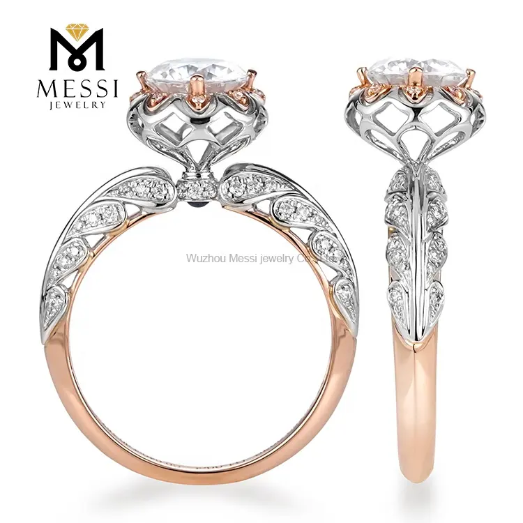 Messi Perhiasan Cincin Berlian Moissanite Bunga, Perhiasan Emas 14K Grosir dengan Lapisan Emas Mawar untuk Wanita