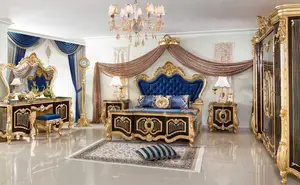 الكلاسيكية أثاث على الطراز الأوروبي العتيقة الملكي كبيرة المخملية تنجيد اللوح الأمامي الذهب أوراق الملك حجم طاقم غرفة نوم