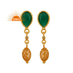 Pendiente de ónix verde de topacio blanco, diseñador colgante, pendiente chapado en oro y plata 925, proveedor de joyería, Colección Vintage - Product Image 1