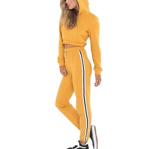 Wholesale women's plain crop top <b>long</b> sleeve hoodie with <b>matching</b> stripped pants two piece sweat suit set - Product Image 4