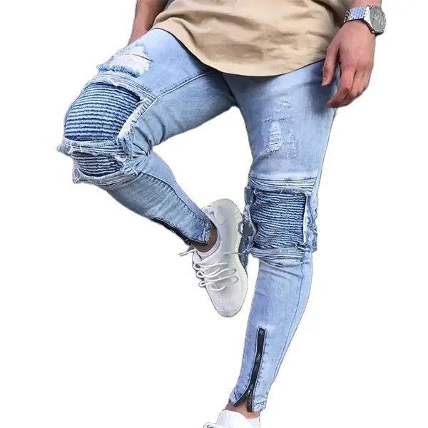 OEM kustom celana Denim pria, Jeans lipat ritsleting biru muda pas badan untuk musim dingin dengan layanan OEM