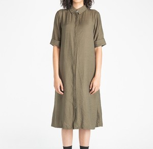 Olive Green Turn-Down Collar Shirt Dress Midi Length <b>Short</b> Sleeve Loose Fit 100% Cotton Casual Daily Wear Woven Fabric - Product Image 1
