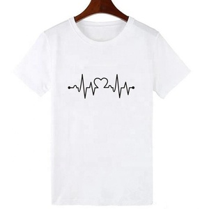 T-shirt blanc pour femme en gros, imprimé battement de cœur, col rond, manches courtes, décontracté, en coton, design personnalisé, fournisseur, t-shirt pour fille - Product Image 3