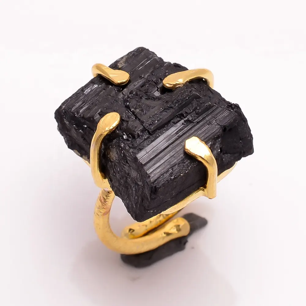 Most Demanding Natural Black Tourmaline Rough Gemstone Designer Jewelry 18K Gold Filled 925 Sterling Silver Matte Finish Ring