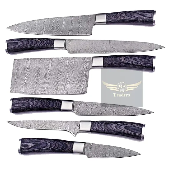 Conjunto de facas de cozinha artesanais, conjunto de facas de chef com bainha de couro (MS-34)
