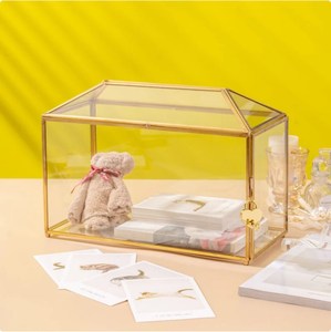 Large Geometric <b>Glass</b> Card <b>Box</b> Terrarium with Slot and Heart Lock, Foot, Gold, - Product Image 1