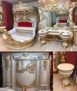 Royal Carved Round <b>Bed</b> Modern Teak <b>Wood</b> Bedroom Furniture Set Deluxe Gold <b>White</b> Finish Luxurious DST EXPORTS Durable - Product Image 2