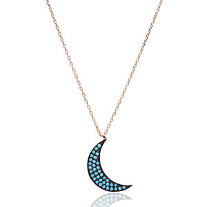 Bleu Zircon Pierre Croissant De Lune Pendentif Turc À La Main 925 Bijoux En Argent Sterling - Product Image 5