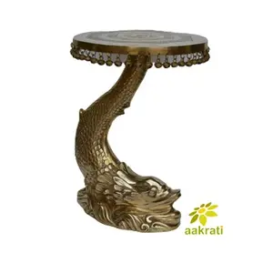 Mesa de centro de estilo de pez pulido de bronce, mesa de latón y Metal con campana, artesanía étnica, muebles antiguos