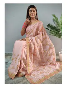 Presente ricamo di pura qualità Rangoli seta color pesca saree bellissimi paillettes ricamo dori work sari