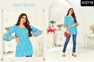 Ropa informal corta de alta calidad Kurti para damas Foil Printed Reyon Fabric Totalmente cosida a bajo precio - Product Image 6