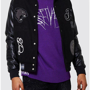 Veste en chenille brodée sur le devant avec boutons en laine et manches en cuir pour hommes Varsity Letterman Jacket at Wholesale 2024 - Product Image 4