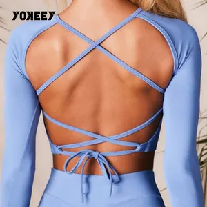 Bán Buôn Thời Trang Tập Thể Dục Trống Tùy Chỉnh Sơ Mi Cao Cổ Dài Tay Áo Hở Lưng Crop Tops Skinny Phụ Nữ T Áo Sơ Mi