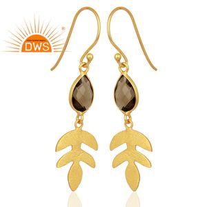 Leaf Design Gold Plated 925 Silver Dangle Earrings Wholesale Natural Smoky Quartz Gemstone Earrings Jewelry - Product Image 2