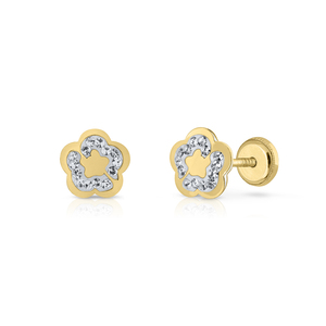 Pendientes de moda de oro sólido de 9K para mujer y niño, 10K, 14K, 18K, flor de CZ, Clip para la oreja, tornillo trasero hecho en España - Product Image 1