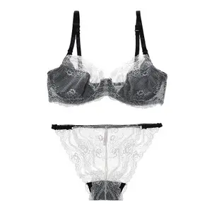 Women Bralette Set Thin Lightweight Lingerie Triangle Cup Bra Set 2 Pcs Lace Brassiere Set