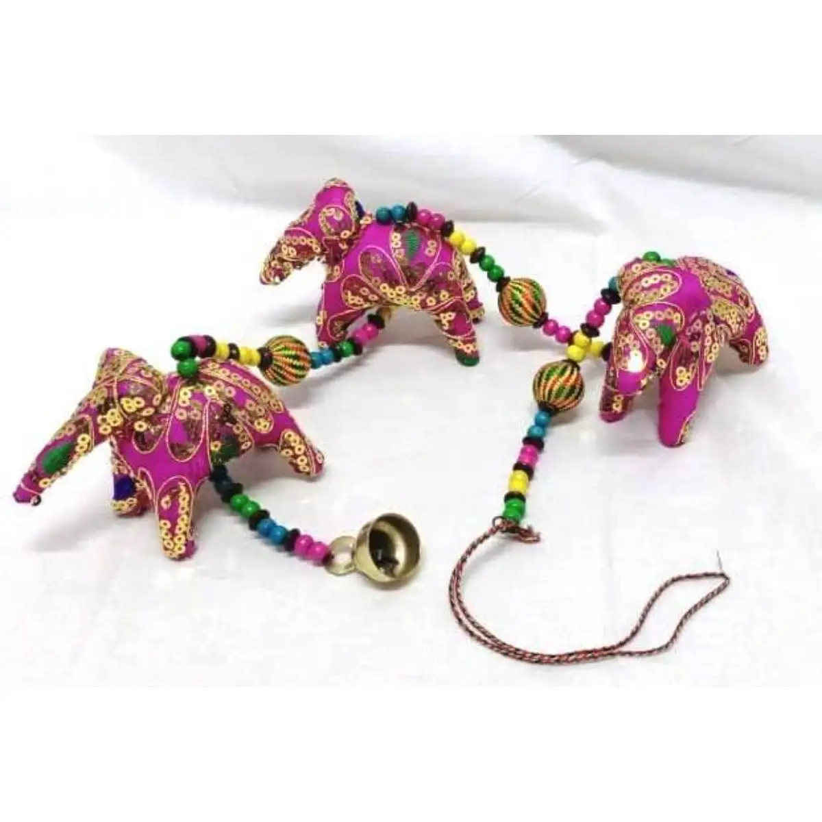 Indian Hanging Decorative Cotton Elephants in Vibrant Color Stringed with Beads and Bell for Wall/Door/Window