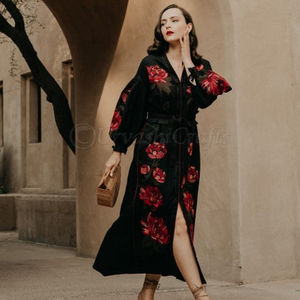 Vestido de cuello en V de manga larga, suelto, estilo étnico, Vintage - Product Image 1