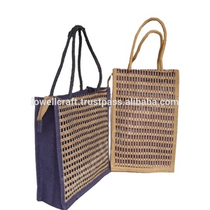 Lowellcraft JDB00766 Geometric Pattern Jute Handloom Fabric Mini Shopping <b>Bag</b> with Rope Handle for Groceries - Product Image 2