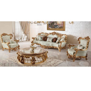 Ensemble de canapés en bois sculpté antique à finition brillante royale, ensemble de canapés 5 places pour salon, meubles de salon sculptés à la main de style victorien - Product Image 1