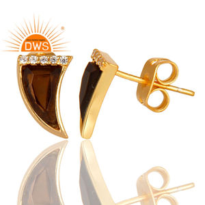 Fabulous Gold Plated Silver Smoky Topaz Gemstone Horn Shape Post Stud Earrings For Women Jewelry Supplier - Product Image 3