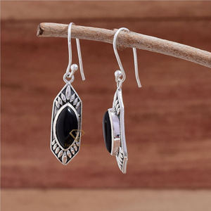 925ต่างหูเงินสเตอร์ลิง Boho คุณภาพสูงพลอยโอนิกซ์สีดำธรรมชาติลดลงเครื่องประดับรูปทรงมาร์คีส์สำหรับเป็นของขวัญอินเทรนด์ - Product Image 4