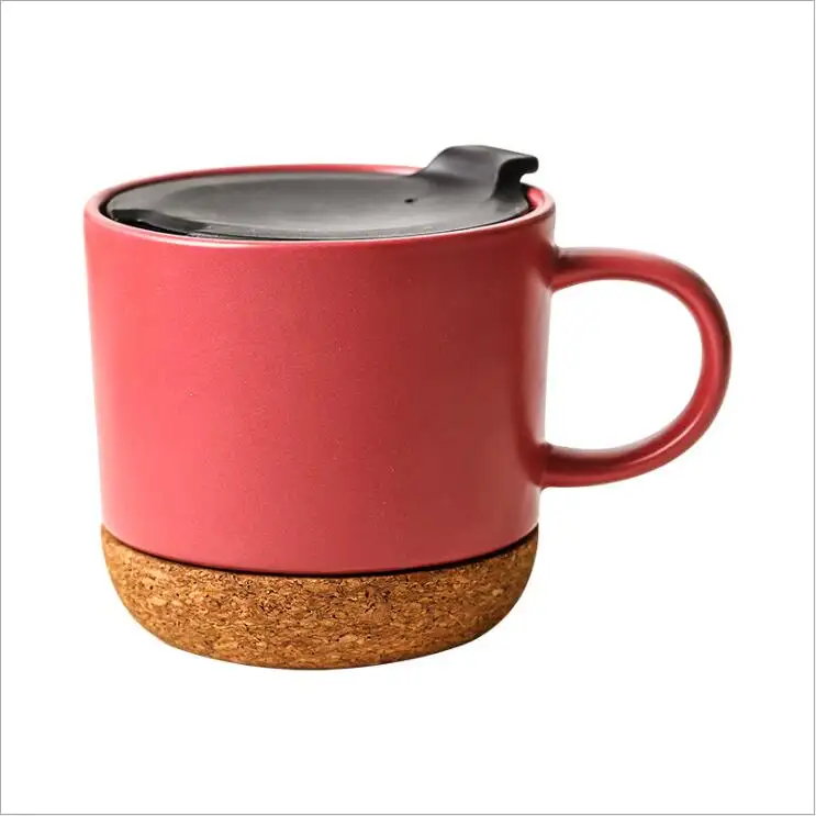 Logotipo personalizado Cork Mug Matte Coffee Cup Com PP Splash-free Lid e Handle Caneca cerâmica com fundo de cortiça