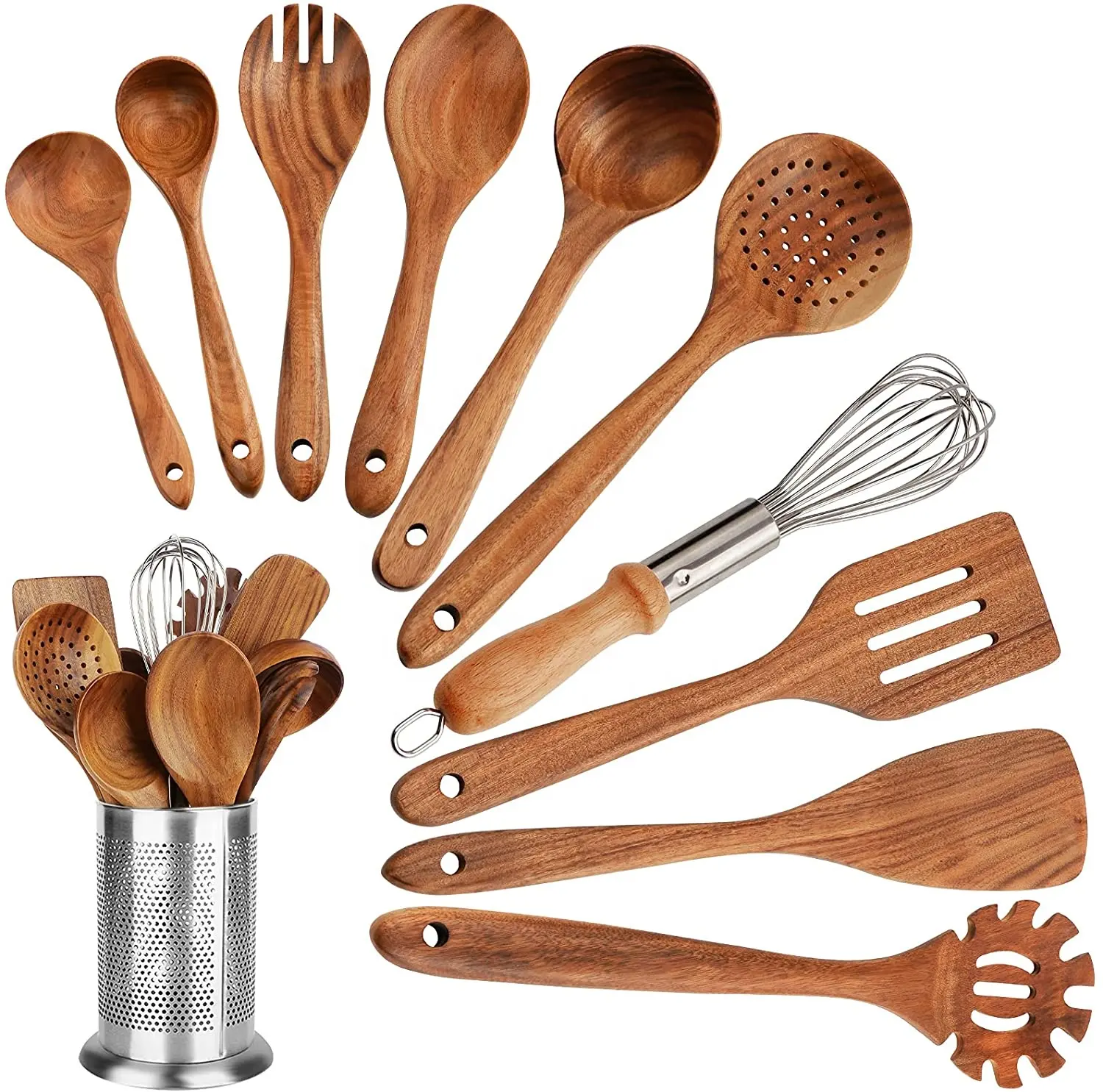 Amazon Hot Selling Wooden Kitchen Accessories Set Utensil 11 Piece Bamboo Cooking Utensils With Holder