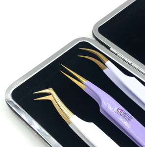 Nouveau Style poudre de couleur différente Pro droite incurvée en acier inoxydable or pointe Extension de cils pince à épiler Logo personnalisé outil de beauté - Product Image 6