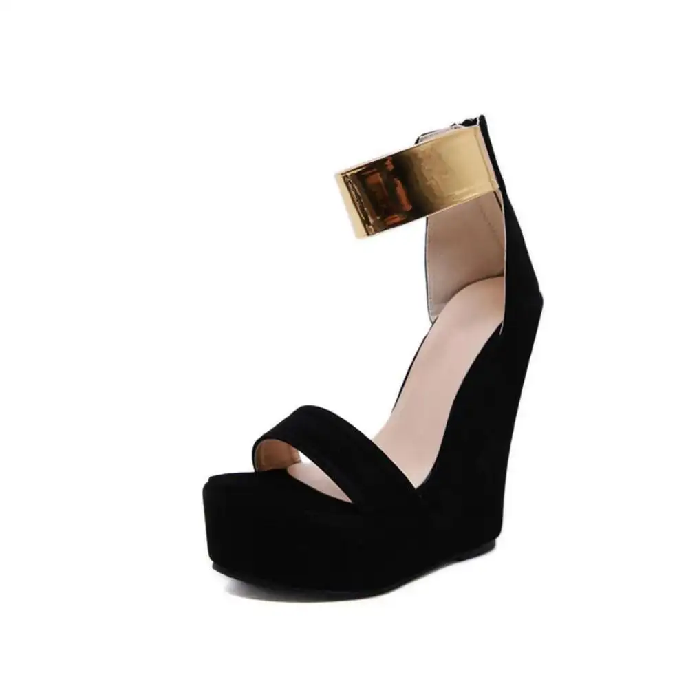 women handmade beautiful high heels suede upper back zip wedge platform sandals contrast color wedges for ladies shoes(LAJWG0005