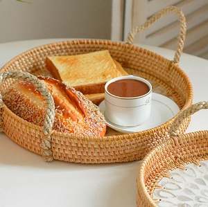 Set of 2 Vintage Design <b>Rattan</b> Food Tray Brown Color <b>Shade</b> Woven Work Food Serving Tray Round Shape Eid Decoration Accessories - Product Image 2