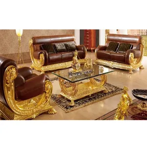 Juego de Sofás Dorados de Palisandro para Sala de Estar, Juego de Sofás Dorados de Lujo y Diseño, Muebles de Madera Tallados a Mano de Estilo Europeo - Product Image 1