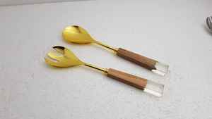 Design luxueux ensemble de serveurs à salade en acier inoxydable 18/18 outils de cuisine multifonctionnels avec poignée en bois et en résine outils de service - Product Image 2