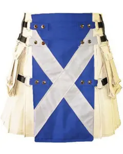 Rok Bendera Skotlandia Terbuat dari 100% Katun Bahan Jeans Katun Bendera Skotlandia Warna Biru dan Putih Kilt dengan Harga Grosir Kilt Bendera Pria