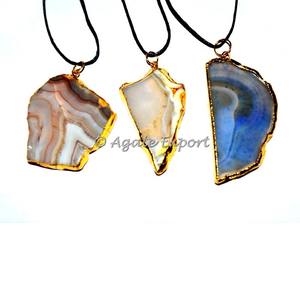 Collier à breloques en tranches d'agate classiques unisexes plaqué acier inoxydable cuivre strass cristal pendentifs à breloques acier plaqué - Product Image 1