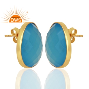 Pendientes de Calcedonia azul 14K chapado en oro 925 Plata niñas forma de huevo pendientes de tuerca proveedor de joyería colección clásica - Product Image 1