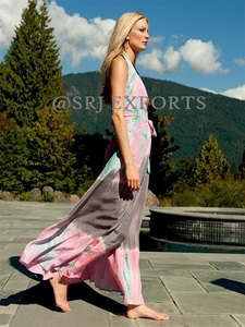 SRJ EXPORTS Boho Halter Maxi <b>Dress</b> Pink Blue Grey Geometric Print Chiffon <b>Loose</b> Fit Summer Casual Wrap Tie <b>Dress</b> - Product Image 2