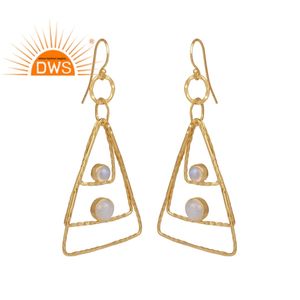 Arcoíris Natural Moon Stone-fabricante de joyería, pendientes de aro de plata chapados en oro, triangulares - Product Image 1