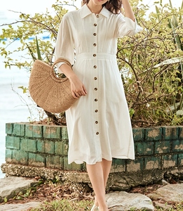 Nuevo Vestido Formal de Lino Crepé 100% Blanco, Manga 3/4, Cuello Camisero, Largo hasta la Rodilla, Transpirable para Mujer - Product Image 1